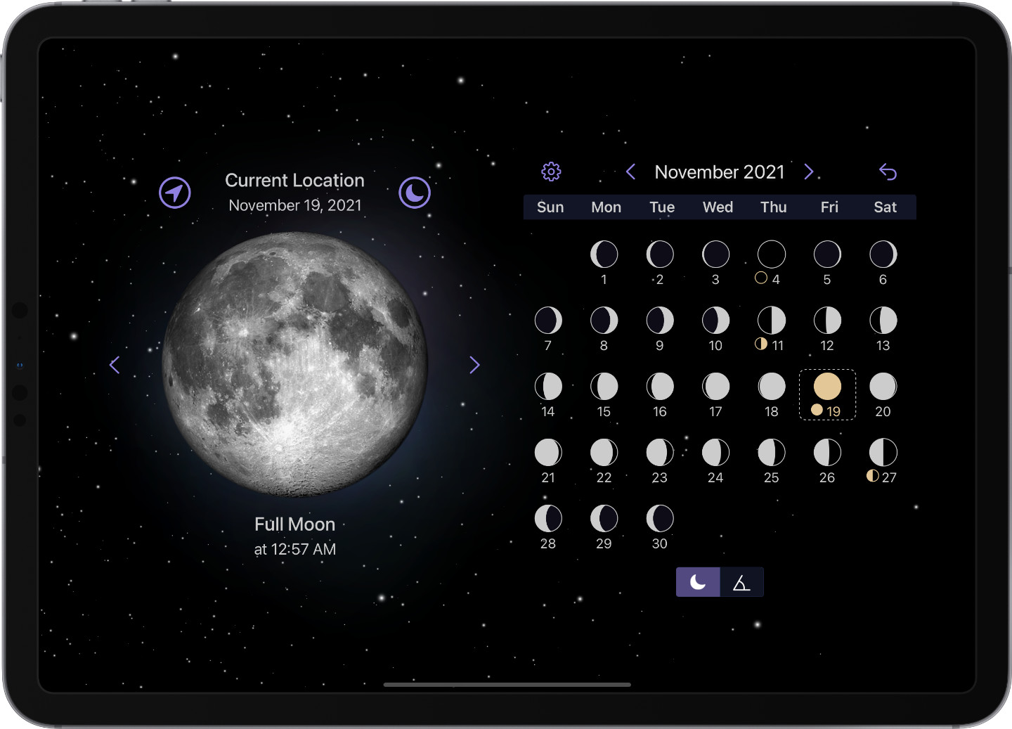 Moon phase calendar based on your location in a beautiful interface.