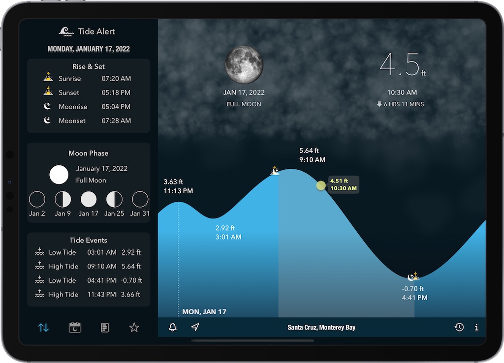 Intuitive interface to view local tide info near you plus a Moon calendar.
