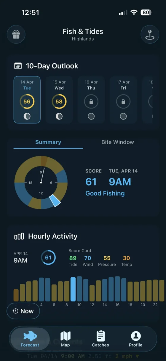 Fish & Tides 10-day fishing outlook and hourly activity