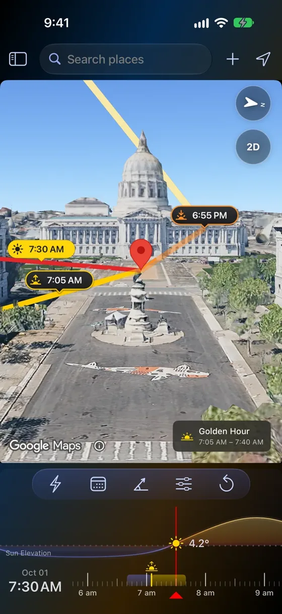 LightPlan showing sun and moon lines over San Francisco City Hall