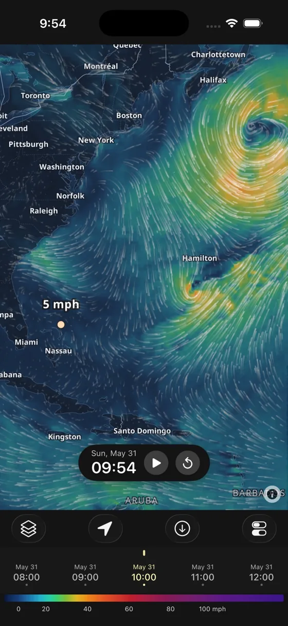 WindTrac animated wind map over the US East Coast
